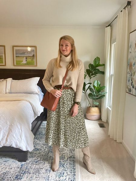 Thanksgiving outfit idea - slightly cropped turtleneck sweater & pleated skirt in green and cream leopard print. 

Skirt is an affordable Amazon find. Fits true to size, elastic waistband, pockets and lots of prints/colors to choose from.

Western embroidered knee high boots - fit true to size and currently on sale!

Leather belt & suede brown crossbody bag

#LTKstyletip #LTKHoliday #LTKSeasonal