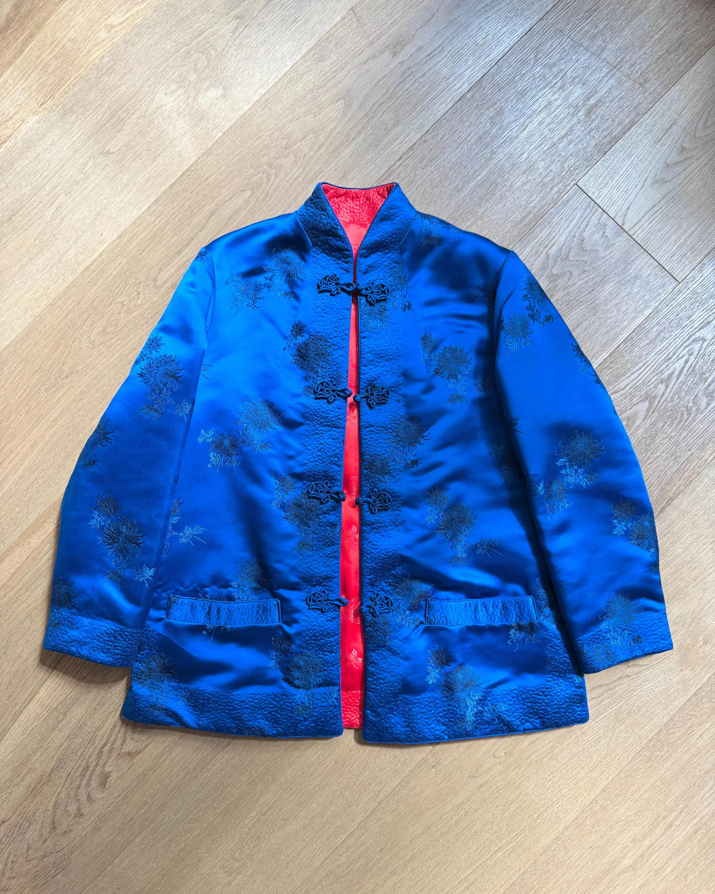 Vintage 1960s Chinese Quilted Mandarin Collar Jacket: Brocade Satin, Embroidered Chrysanthemums, Reversible Red & Blue | Etsy (Global)