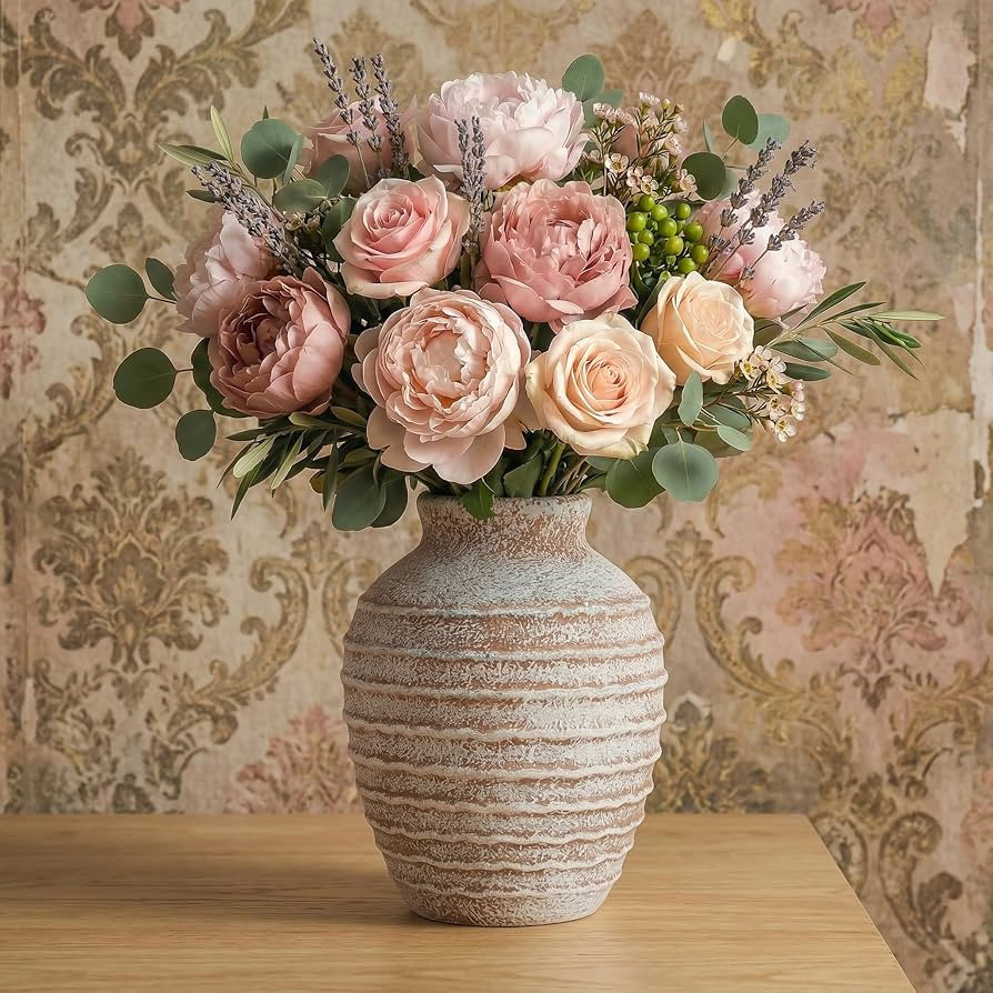 Rustic Ceramic Flower Vase,7 Inch Pottery Farmhouse Vases for Home Decor Boho Terracotta Vase Dec... | Amazon (US)