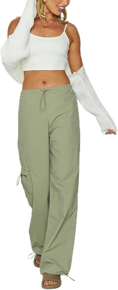 WOBONIU Baggy Parachute Pants for Women Drawstring Elastic Low Waist Ruched Cargo Pants Jogger Y2... | Amazon (US)