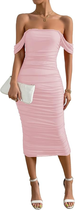 Pofash Women's One Shoulder Sleeveless Mesh Ruched Cocktail Club Party Midi Bodycon Dress | Amazon (US)