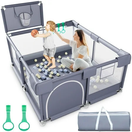 Babyeap Baby Playpen, Play Yard, Toddlers Playards, 50"x50" Infant Travel Fence with Basket, Gray | Walmart (US)