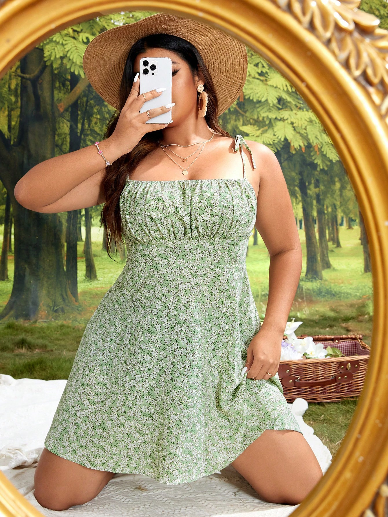 SHEIN VCAY Plus Ditsy Floral Print Tie Shoulder Ruched Bust Cami Dress | SHEIN