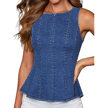 Women's Denim Peplum Tank Top, Summer Stretch Sleeveless Slim Jean Blouse with Contouring Seams a... | Amazon (US)