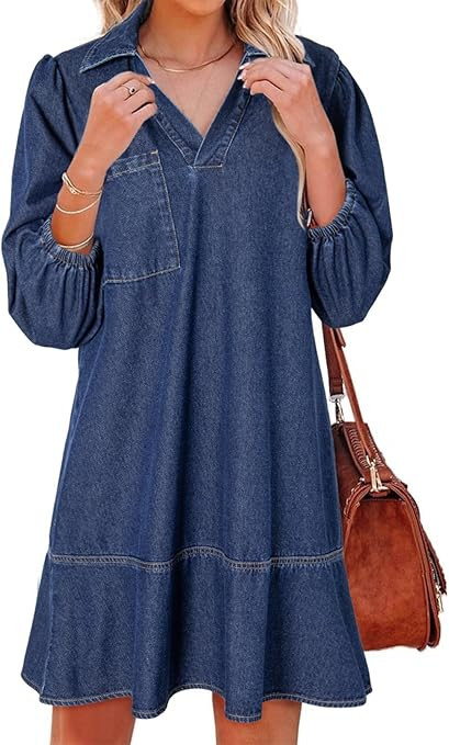 Dokotoo Denim Dress for Women Fashion Fall Casual Babydoll 2025 V Neck 3/4 Puff Sleeve Jean Dress... | Amazon (US)