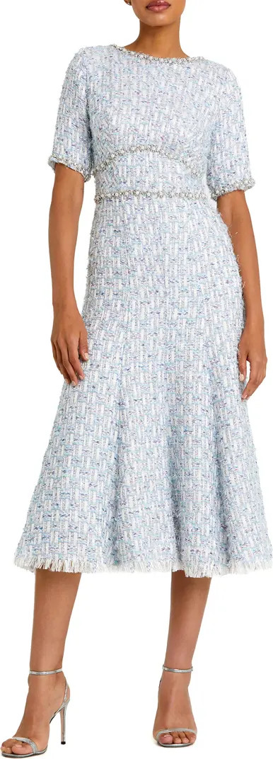 Beaded Short Sleeve Tweed Midi Dress | Nordstrom