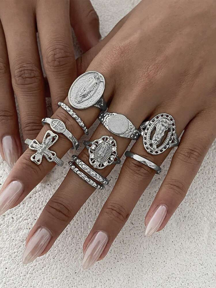 10pcs/Set Fashionable Punk Ins Style Cross & Virgin Mary Rhinestone Knuckle Rings, Versatile For Daily, Party, Street Wear | SHEIN
