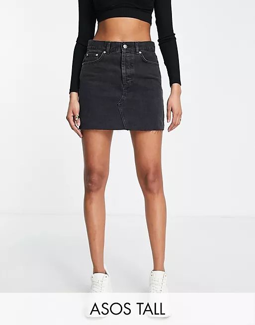 ASOS DESIGN Tall mid rise 'original' denim mini skirt in washed black | ASOS (Global)