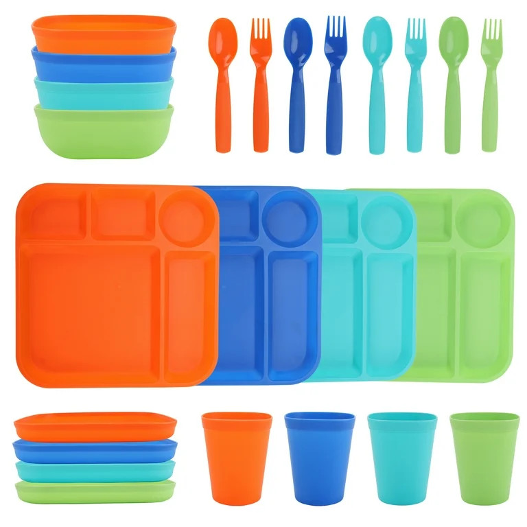 Your Zone 24 Piece Plastic Dinnerware Set for Kids with 4 Each Trays, Bowls, Plates, Cups, Forks,... | Walmart (US)