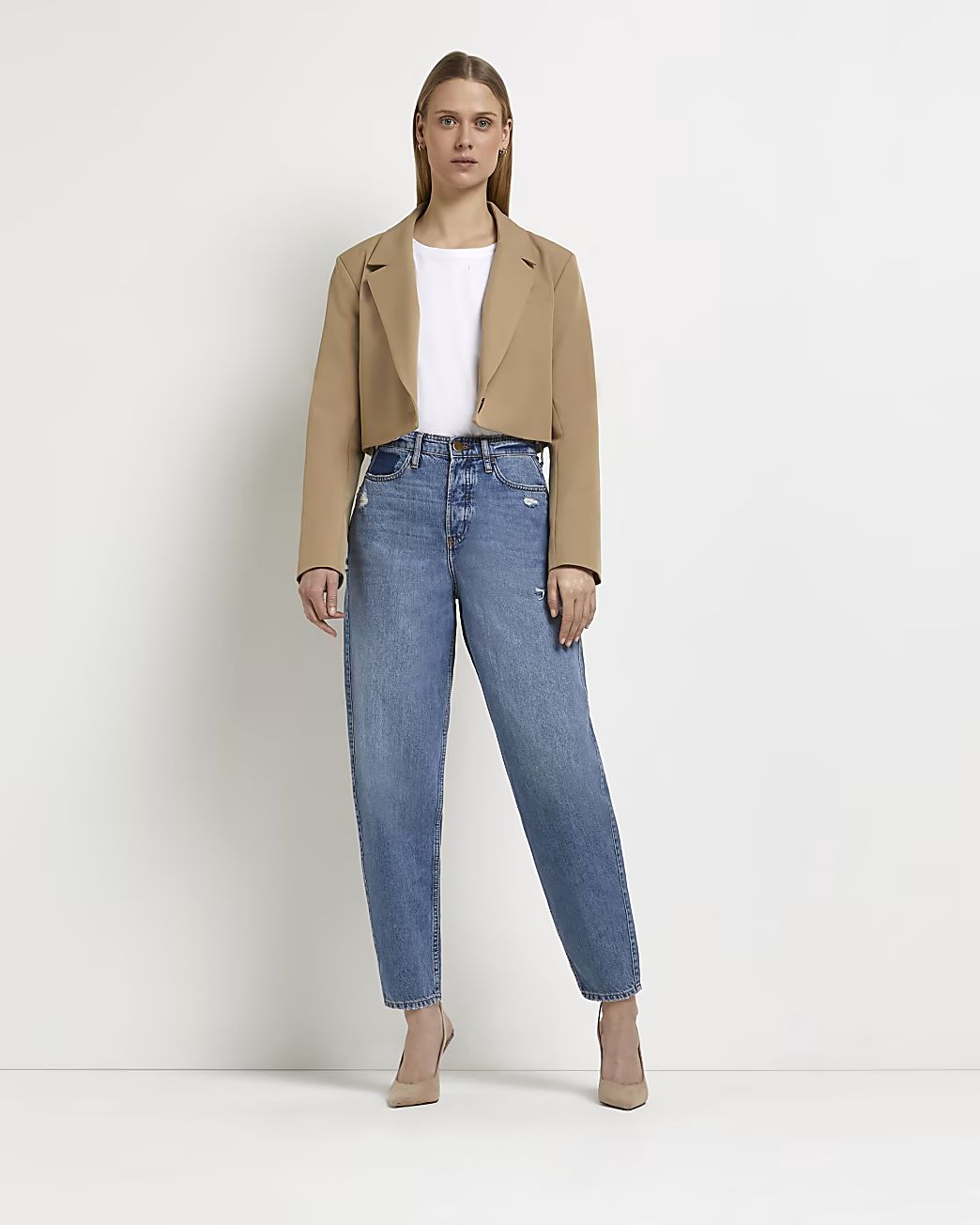 Blue high waisted tapered jeans | River Island (US)