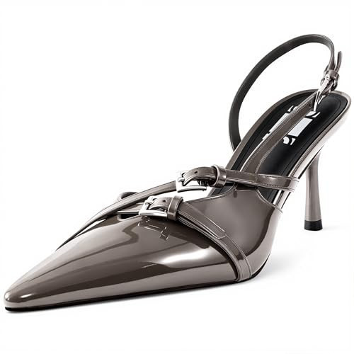 heelchic Slingback Kitten Heels Pumps for Women Pointed Closed Toe Heels with Buckles Strap Low Heel Comfortable Wedding Party Work Bridal Dress Shoes Grey6 | Amazon (US)