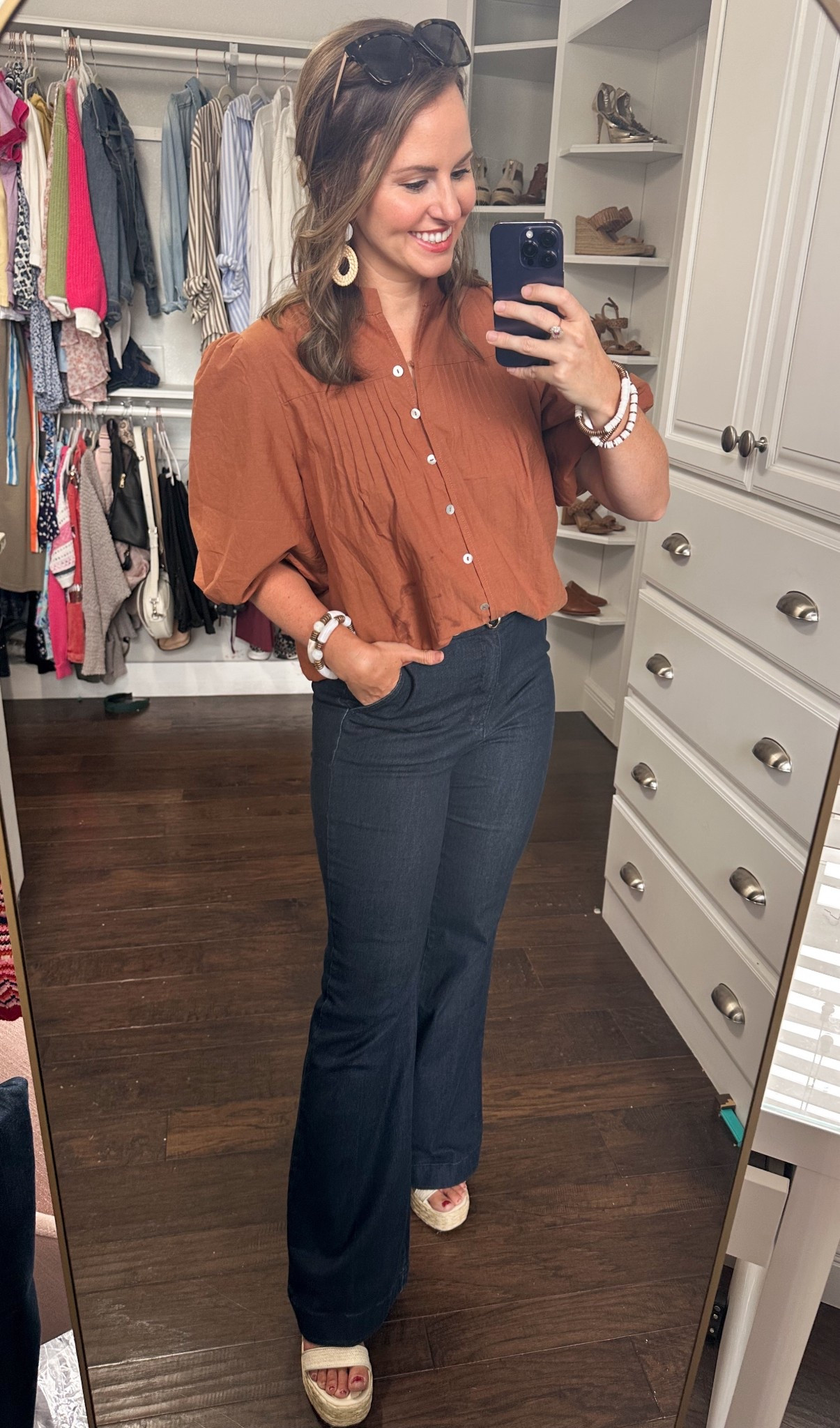 Teacher or work wear outfit! Would also be perfect for Thanksgiving. Nursing friendly with functional buttons.  👌🏼 loving this brown puff sleeve top and $24 Walmart jeans!! Such as score! 

Millennial Mom style, Walmart fashion, casual Momma style, neutral outfits, flare jeans, Walmart denim, Sofia vagaro jeans 

#LTKGiftGuide #LTKWorkwear #LTKStyleTip