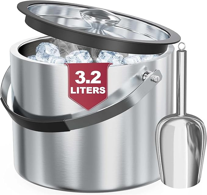 3.2L Double Wall Stainless Steel Ice Bucket with Lid,Scoop, Updated Insulated Ice Bucket for Cock... | Amazon (US)