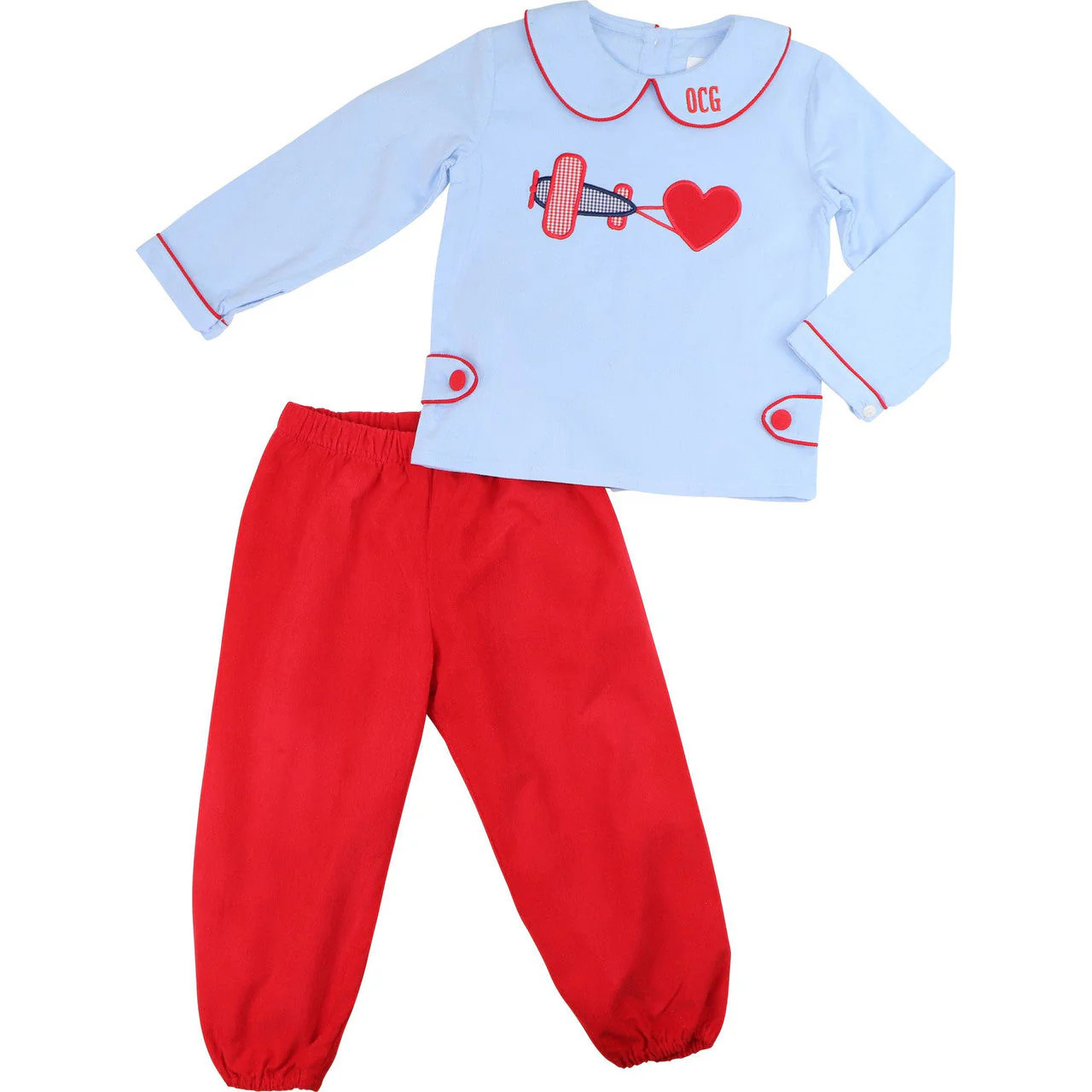 Red And Blue Corduroy Applique Valentine Airplane Pant Set | Cecil and Lou