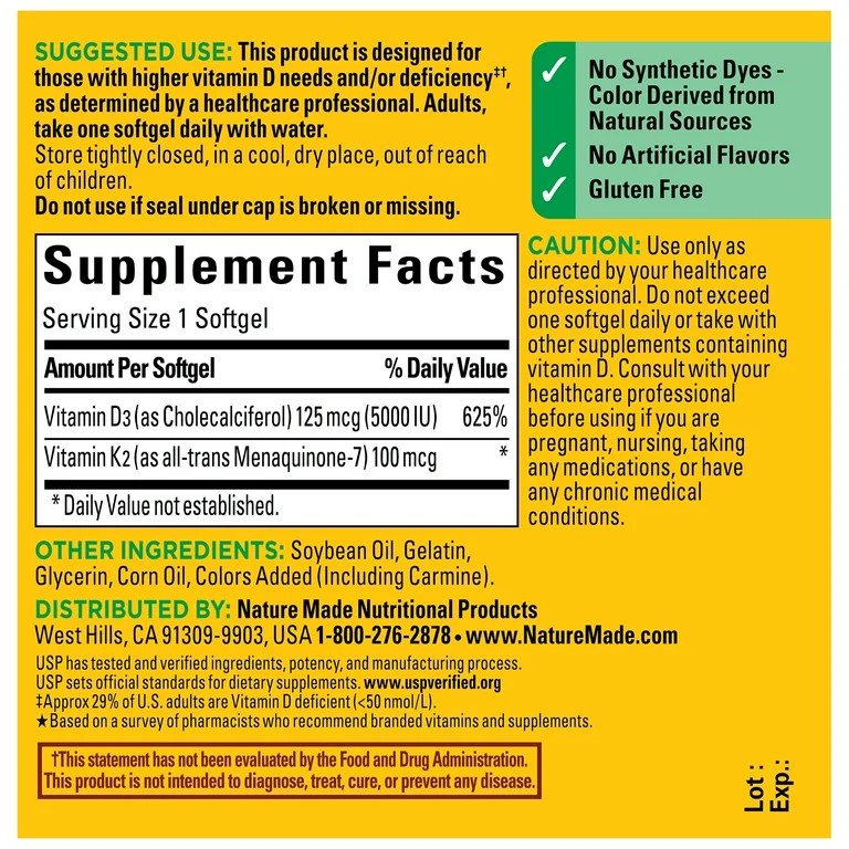 Nature Made Vitamin D3 K2, 5000 IU (125 Mcg) Vitamin D Softgels, Dietary Supplement, 60 Count | Walmart (US)