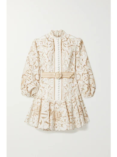 Zimmermann - Edie Belted Linen And Cotton-blend Guipure Lace Mini Dress - Ivory | NET-A-PORTER (US)