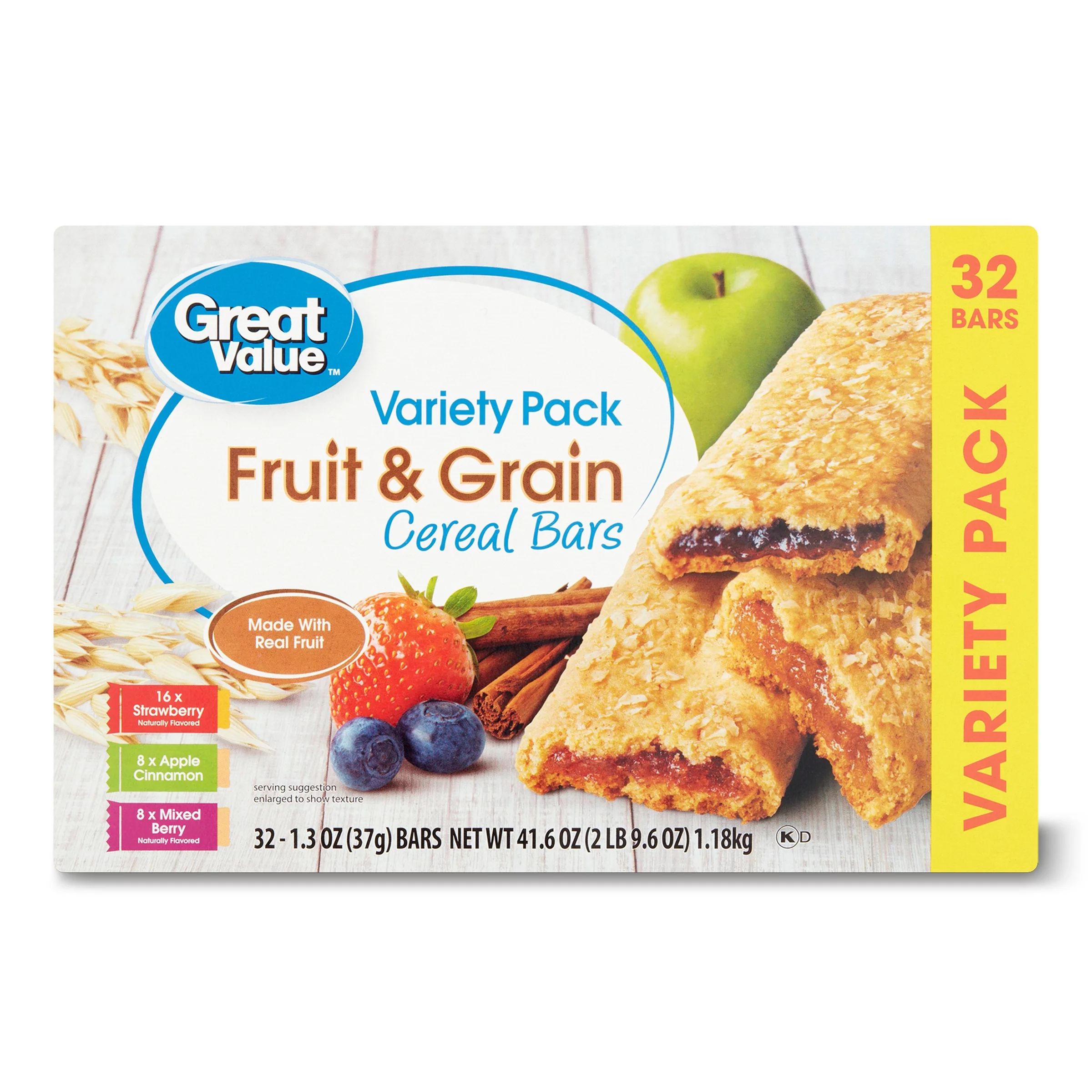 Great Value Fruit & Grain Bars, Variety Pack, 41.6 oz, 32 Count - Walmart.com | Walmart (US)