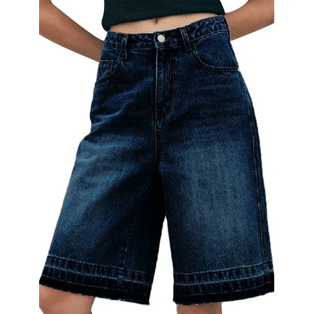 Xsylife Women s Knee Length Denim Shorts Vintage Mid Rise Straight Leg Oversized Fit Long Jean Shorts for Summer Streetwear | Walmart (US)