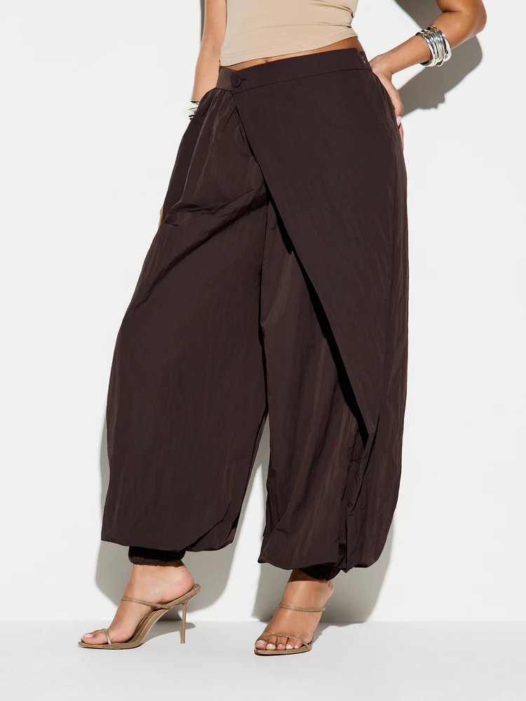 KIZN Women's High Rise Wide Leg Balloon Palazzo Pants With Tie Front Detail Elastic Waist Flowing Trousers | SHEIN