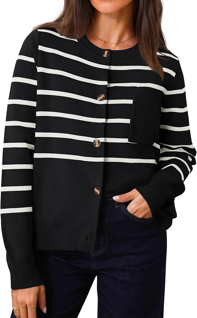 ZESICA Women's Striped Cardigan Sweaters 2024 Fall Long Sleeve Open Front Button Down Knit Outerw... | Amazon (US)