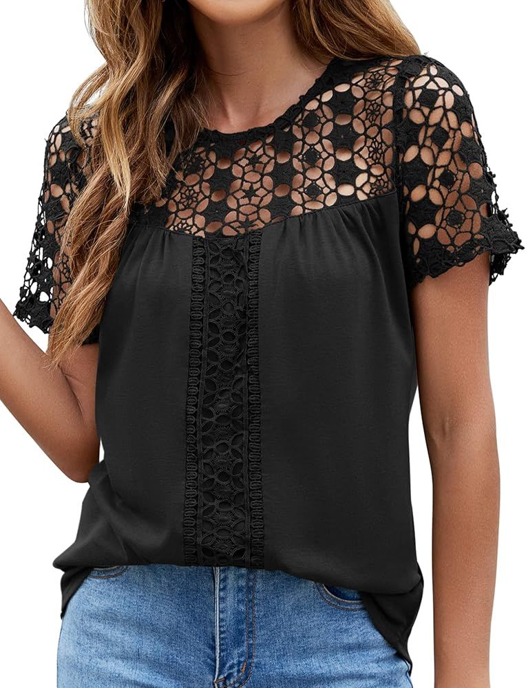 LOMON Womens Tops Dressy Casual Summer Short Sleeve Shirts Blouses Long Black Lace Shirts,Large a... | Amazon (US)
