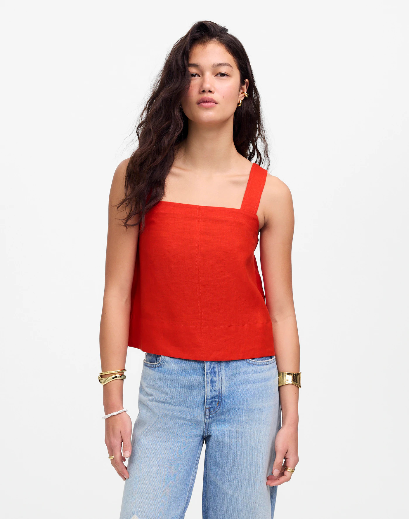 Contrast-Stitch Squareneck Top in 100% Linen | Madewell