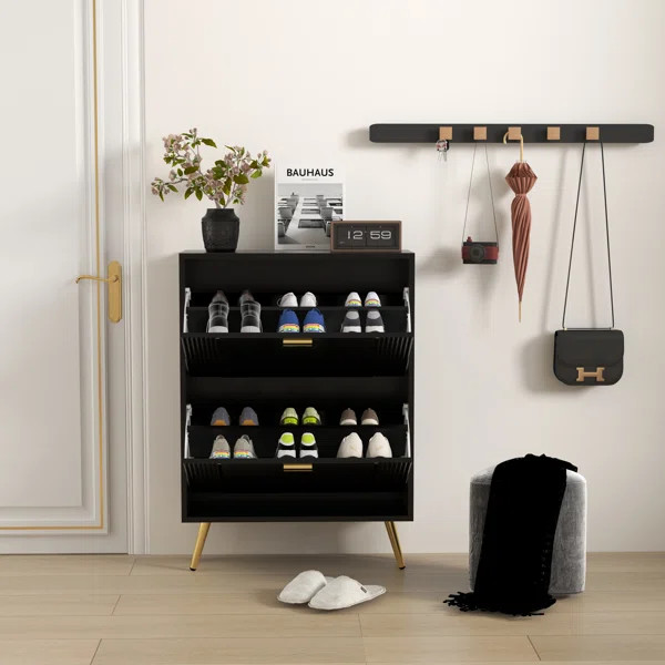25 "W Entrance Flip Black Shoe Cabinet with Gold Stripe, 2 Drawers Light Luxury Vertical Shoe Sto... | Wayfair North America