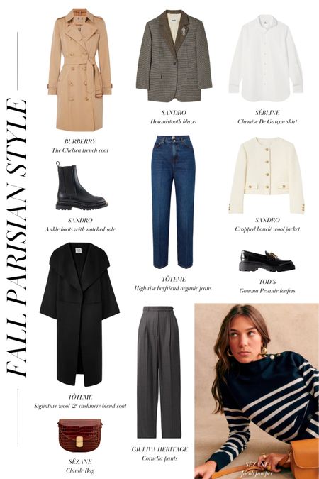 What to Wear in Paris in the Fall

1. Trench coat: Burberry The Chelsea cotton-gabardine trench coat | Sézane Scott trench coat | Rosaé Paris Le Napoléon
2. Bouclé jacket: Sandro cropped bouclé wool jacket | Rosaé Paris Le Nicomède
3. Denim: Tôteme high-rise boyfriend organic jeans
4. Pleated tailored pants: Giuliva Heritage pleated pinstriped wool straight-leg pants
5. Wool-blend blazer: Sandro houndstooth blazer
6. Overcoat: Tôteme Signature wool and cashmere-blend coat
7. Button-down shirt: Sébline Chemise De Garçon cotton-poplin shirt | Sézane Max shirt in casual white
8. Loafers: Tod's Gomma Pesante embellished glossed-leather loafers | Bobbies Imane loafers
9. Ankle boots: Sandro Ankle boots with notched sole
10. Knitwear: Sézane Jacob jumper navy/ecru
11. Cross-body bag: Sézane Claude bag chocolate crocodile print

#LTKstyletip #LTKSeasonal #LTKworkwear