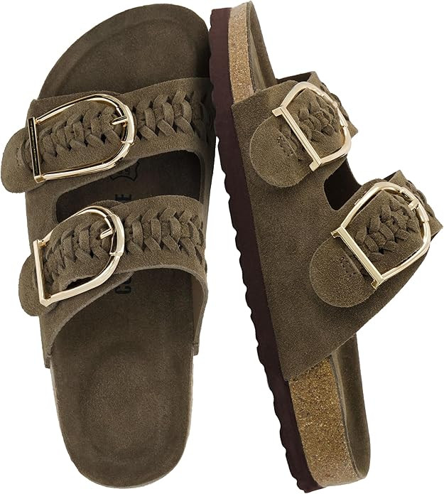 CUSHIONAIRE Cashew Slip On Womens Sandals, Genuine Suede Leather Braided Double Strap Slide On Sa... | Amazon (US)