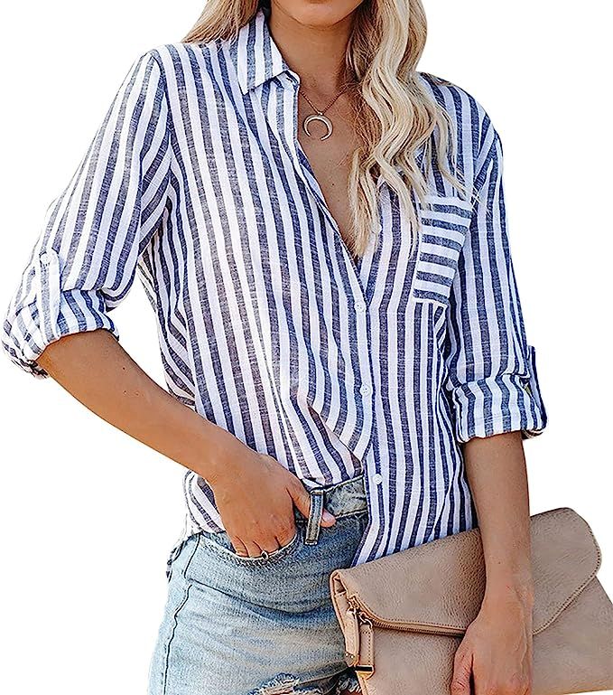 R.Vivimos Women's Fall Cotton Long Sleeves Roll Up Striped Casual V Neck Button Down Shirts Blous... | Amazon (US)
