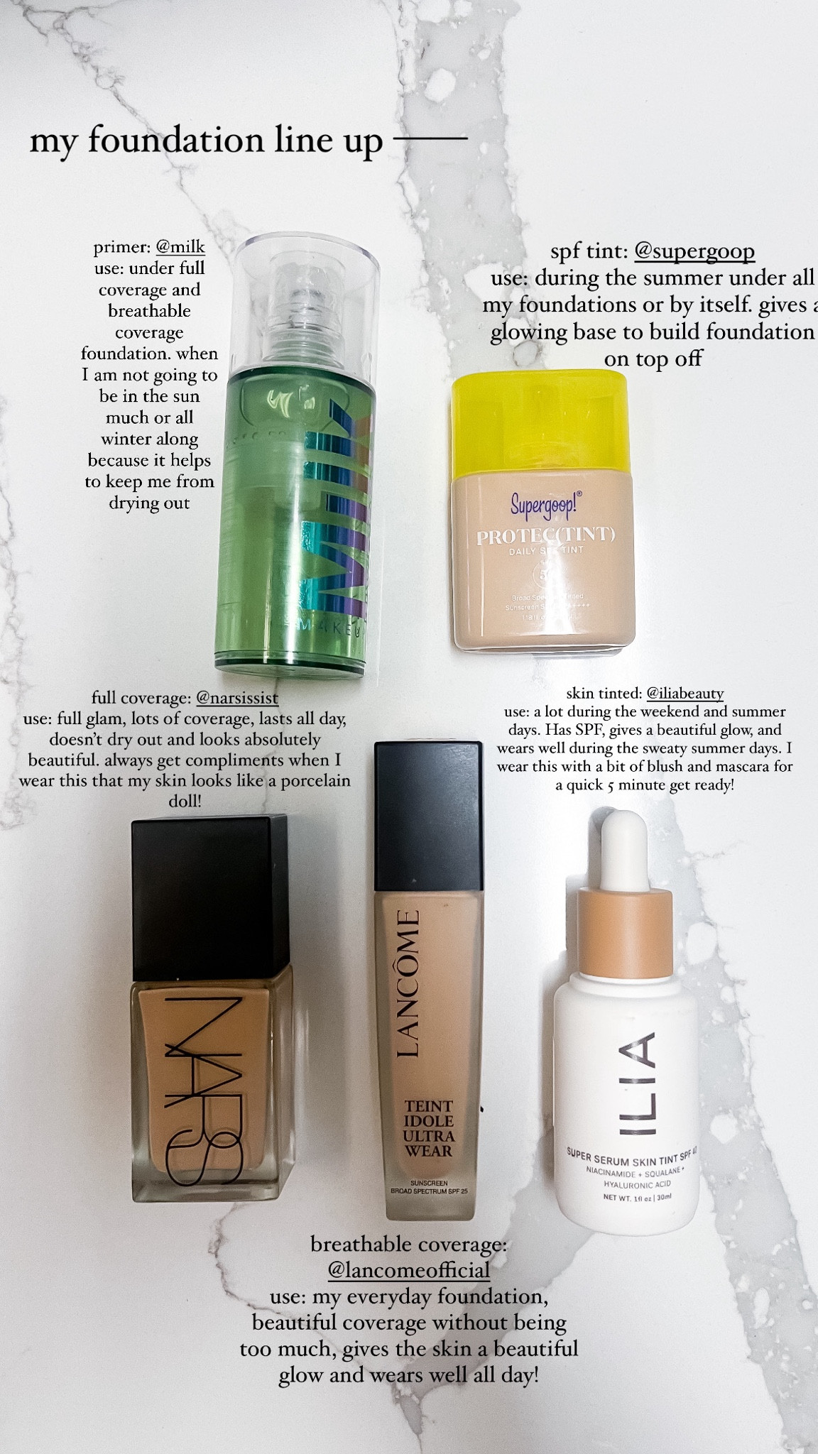 My foundation line up for the summer! These are my favorites that I have been using for a long time! 

Beauty // summer make up // foundation 

#LTKBeauty #LTKFindsUnder100 #LTKStyleTip