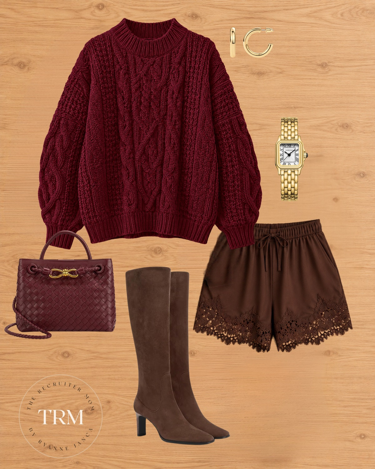 Burgundy cable knit sweater + lace-trim shorts 🍷 Knee-high suede boots make shorts so wearable for fall! The gold watch and woven bag add the perfect polish ✨
 

 