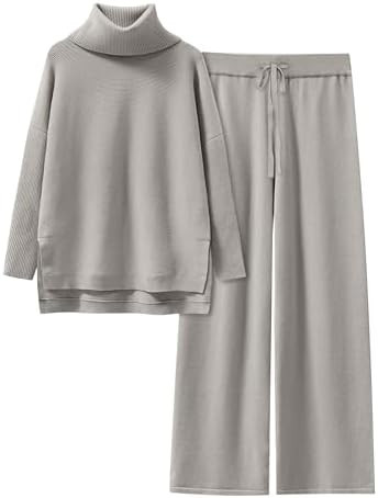 ANRABESS Women Two Piece Outfits Oversized Turtleneck Knit Pullover Sweater Top Wide Leg Pants Lo... | Amazon (US)