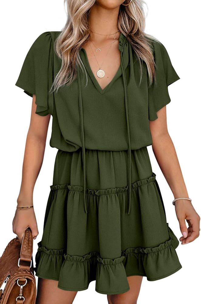 BTFBM Women V Neck Casual Summer Boho Ruffle Cute Short Dress Solid High Waist A-Line Tiered Draw... | Amazon (US)