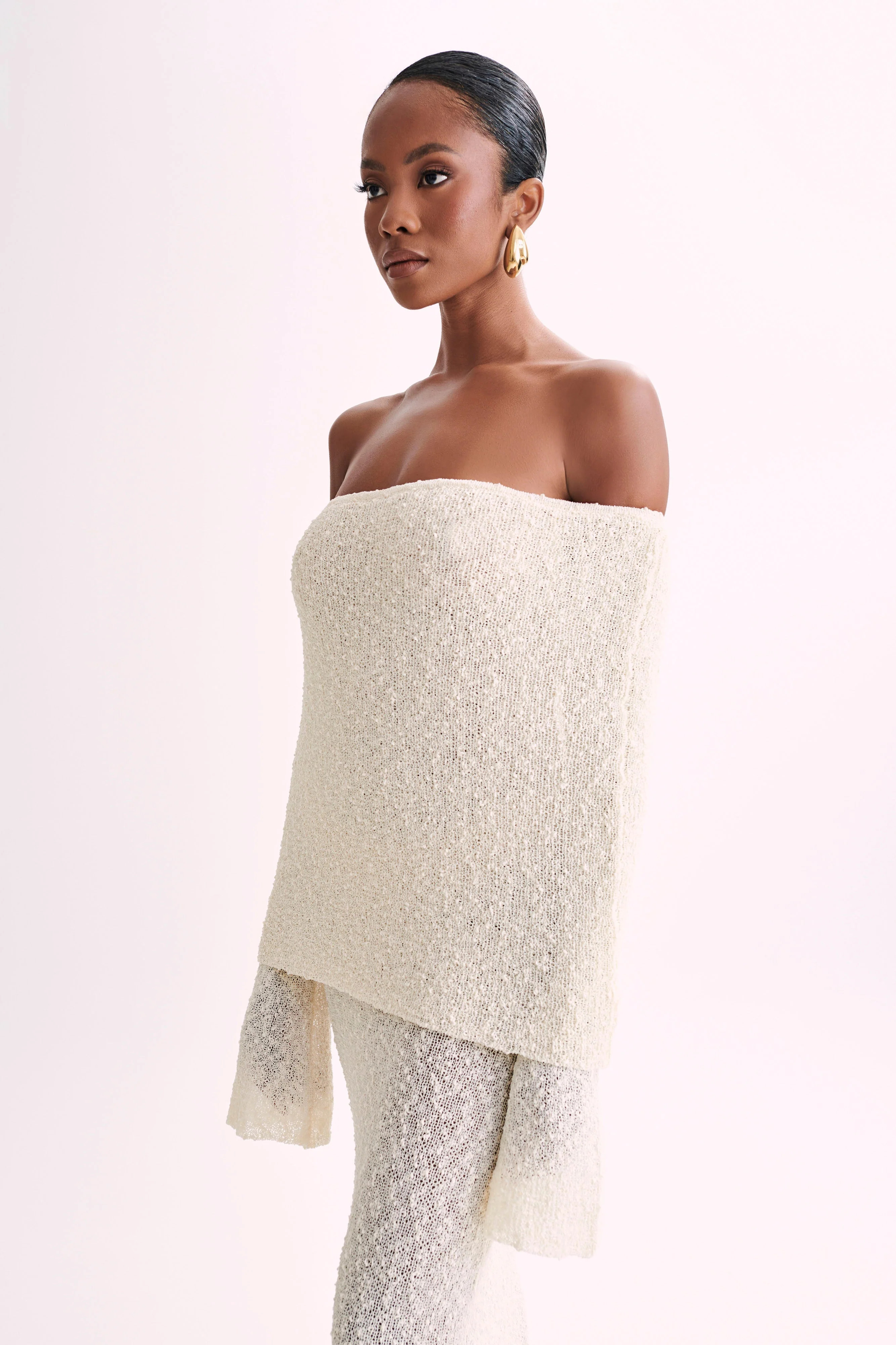 Marisol Off Shoulder Boucle Maxi Dress - Ivory | MESHKI US