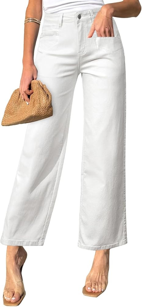 Sidefeel Women's Wide Leg Jeans High Waisted Stretchy Jeans Straight Leg Zimbaplatinum Ankle Deni... | Amazon (US)