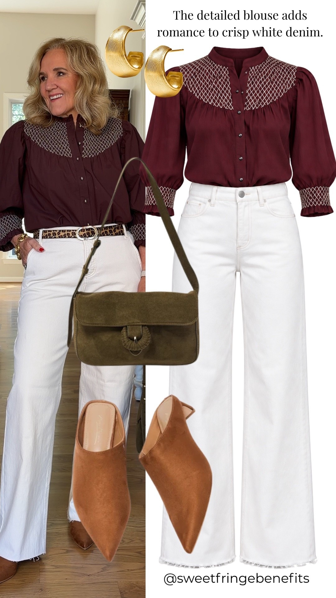 The smocked detailing on this blouse is what caught my eye. So pretty with white jeans! I’m wearing a medium in the top and a size 29 in the jeans.
