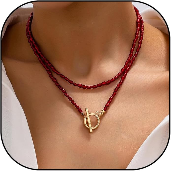 Red Beaded Necklace for Women Choker Layered Stack Dainty Statement Western Boho Trendy Necklaces... | Amazon (US)