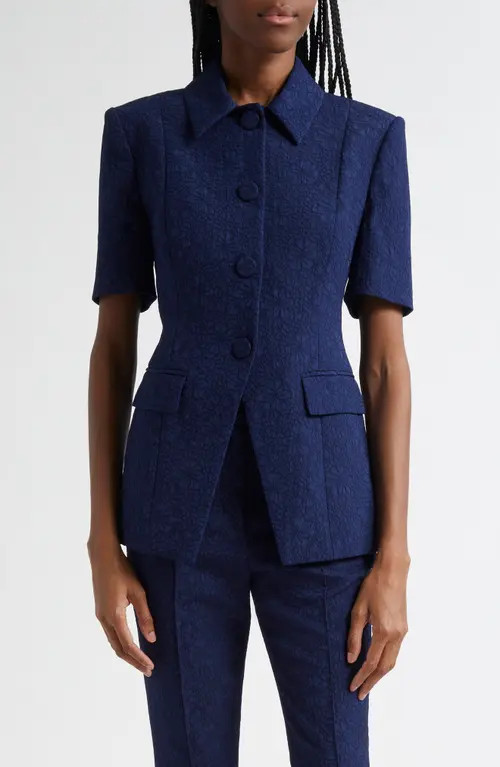 Veronica Beard Bodie Floral Embroidery Elbow Sleeve Dickey Jacket in Navy at Nordstrom, Size 14 | Nordstrom