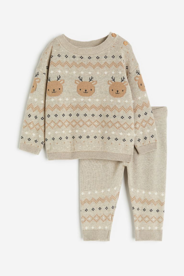2-piece jacquard-knit cotton set - Beige/Reindeer - Kids | H&M GB | H&M (UK, MY, IN, SG, PH, TW, HK)