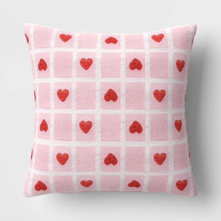 Valentine's Day Checkerboard Hearts Square Throw Pillow Pink - Threshold™ | Target