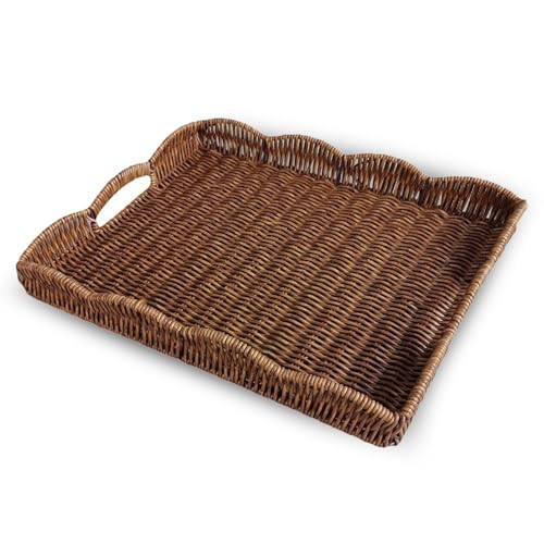 Serving Tray with Scalloped Edge, Rectangular Wicker Tray with Handles, Ideal for Breakfast or Meals in Bed and on Sofa, Decorative Coffee Table Tray to Enhance Dining (Coffee Brown) | Amazon (US)