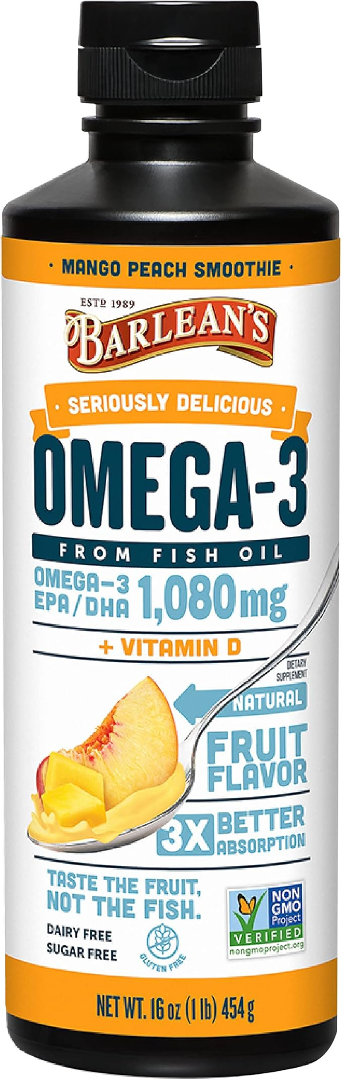 Barlean's Mango Peach Omega 3 Fish Oil Liquid Supplement with Vitamin D, 1080mg EPA & DHA Fatty A... | Amazon (US)