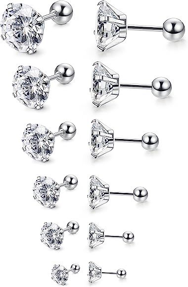 6Pairs 18G Stainless Steel Mens Womens Stud Earrings Cartilage Ear Piercings Helix Tragus Barbell... | Amazon (US)