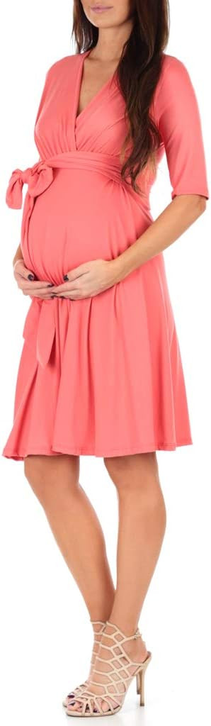 Mother Bee Maternity Knee Length Wrap Dress with Adjustable Belt | Amazon (US)