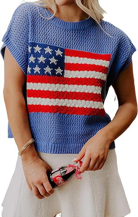 KevaMolly Women American Flag Lightweight Sweater Vest Short Sleeve Patriotic Knit Top for Summer... | Amazon (US)
