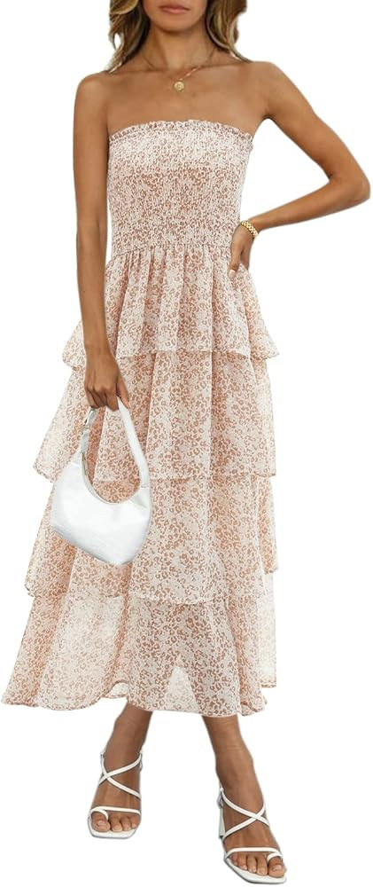 YORGOS Women's Summer Strapless Floral Ruffles Tiered Maxi Dress Smocked Boho Chiffon Long Dress | Amazon (US)