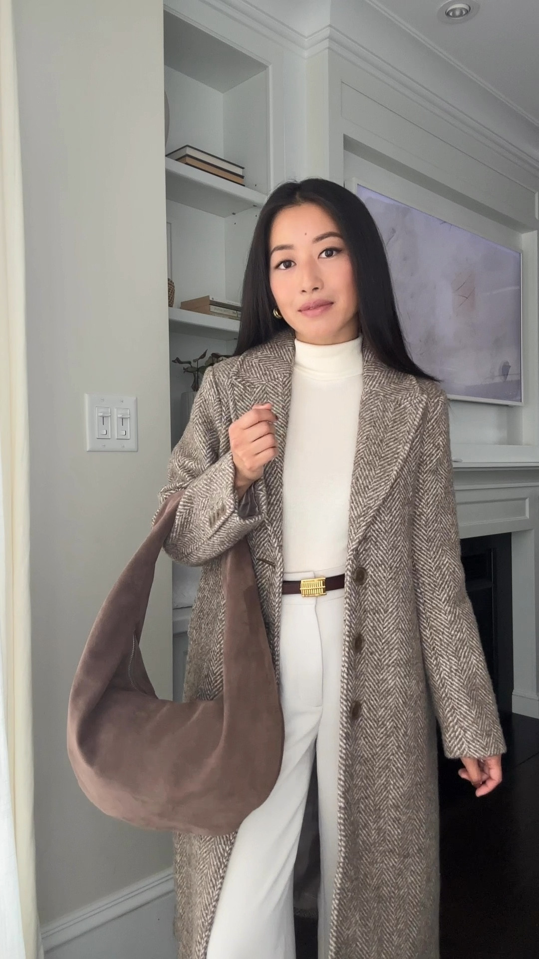 code below for my bag! Loving elegant cream with browns. Wait for another sale on this coat! Hopefully later this month 

• Brown herringbone wool coat xxs petite, TTS. thicker warm weight with a full lining. The brown color is beautiful in person and layers over a thicker sweater for me

• So happy with my suede hobo bag purchase, I reached out to the seller and they gave me a code ! 

• Use code JEANHOBOBAGS25 For 25% off the retail price (if it’s already on sale, so this will replace the current sale price). 
• Etsy Tefia made to order suede hobo bag, Corteccia color , size Meidum. 

Corteccia is a dark taupe and it arrived earlier than I expected, about 2 weeks from Europe.

Comes with a nice dust bag too for gifting and storage 

• Madewell cream thin turtleneck xxs, great layering staple , mine is an older version of the same top

• Aritzia crepe drape effortless pants 0 short (runs long, get Shorter if you’re my height!)

• Edited Pieces equinox belt (coming soon at www.editedpieces.com)

holiday gift idea, petite outerwear, custom gift, Cozy Fall outfit ideas, winter white workwear, fall family photo photoshoots 

#LTKWorkwear #LTKSaleAlert #LTKGiftGuide