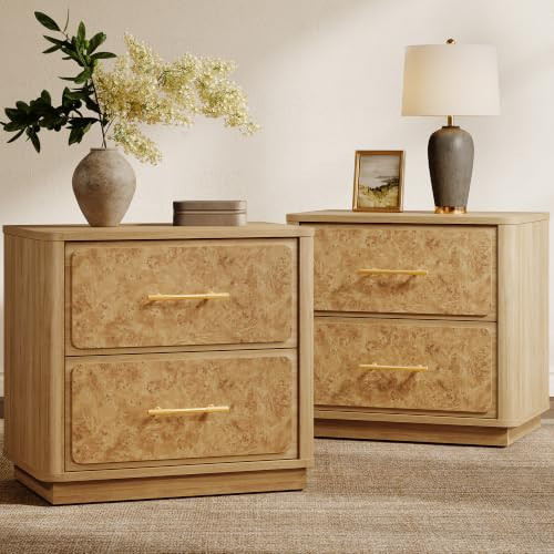SICOTAS Nightstands Set of 2 with 2 Deep Drawers & Rounded Corners 24.8" Wide Modern Burl Wooden Night Stand Large Sturdy Bedside Table Easy Assembly End Tables for Bedroom Sofa Office | Amazon (US)