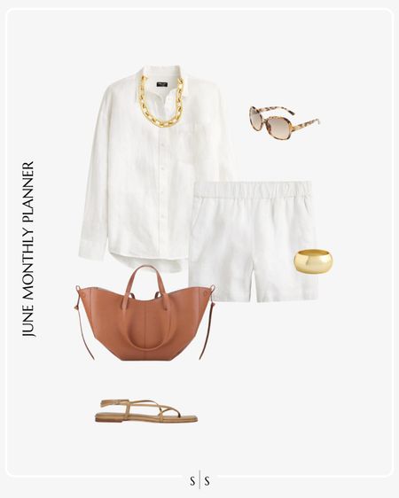 Monthly outfit planner JUNE: Spring & Summer looks | linen button up, linen shorts, chain necklace, vegan leather tote, nude strap sandal, gold bangle, sunglasses 

See the entire calendar on thesarahstories.com ✨ 


#LTKStyleTip